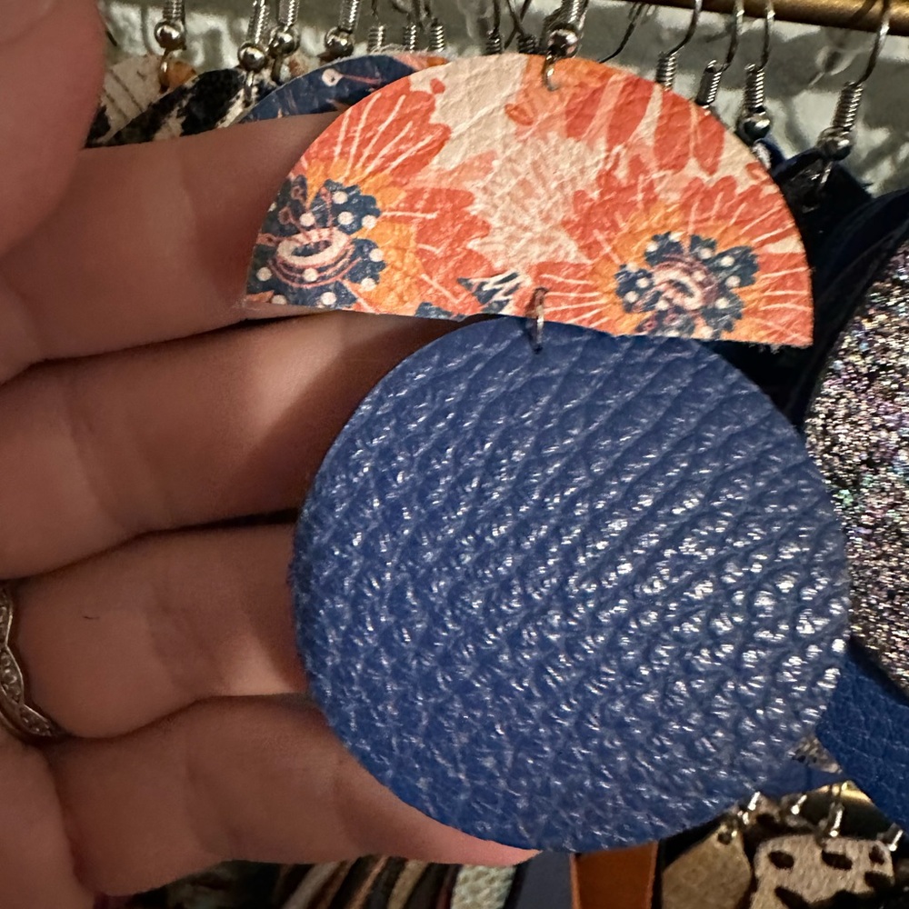 Blue and Floral Leather Earrings